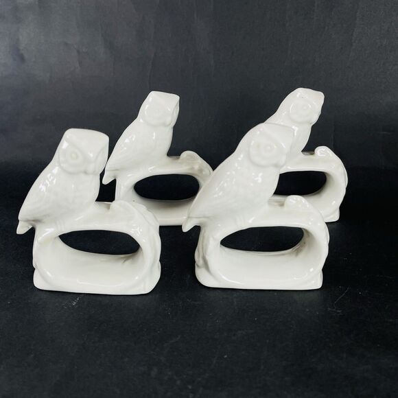 4 Ceramic White Porcelain Owl Bird Napkin Rings Holders Rings Vintage Ardalt - Picture 1 of 12
